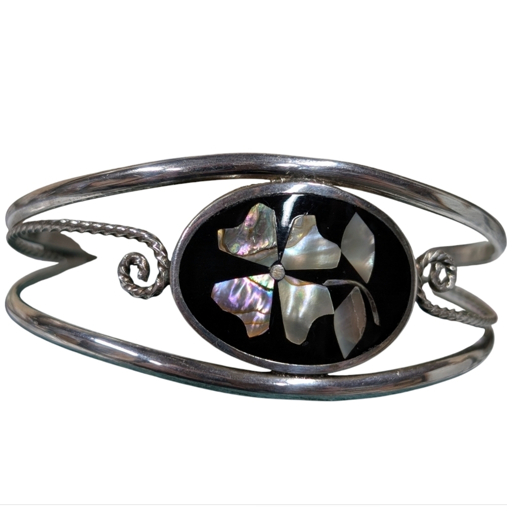 Vintage Alpaca Mexico Abalone Inlay Flower Silver Cuff Bracelet